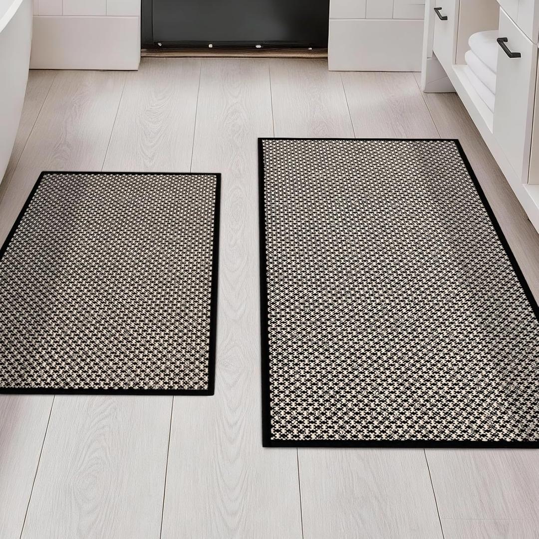 YIHOUSE Thin Bath Mat Black Bathroom Rugs Sets 2 Pieces, Non Slip Absorbent Mats Quick Dry, Woven Rugs Washable, Tapetes para Bao for Bathroom Toliet,Bathtub(17"x24"+17"x32")