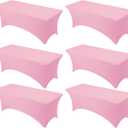 6-Pack Premium Pink Spandex Tablecloths for 8ft Rectangle Tables, Stain & Wrinkle-Resistant, Washable Stretch Polyester Fitted Table Cover for Weddings, Banquets, Trade Shows Events