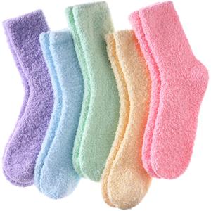 LINEMIN Womens Fuzzy Socks Cozy Fluffy Winter Warm Slipper Socks Microfiber Soft Home Sleeping Socks (One Size, 5 Pack Soild Color B)