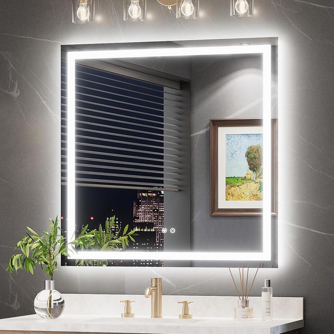 TokeShimi 36x36 LED Bathroom Vanity Mirror with Lights 3 Colors,LED Mirror for Bathroom,Front Lit + Backlit Stepless Dimmable,Anti-Fog,Memory,HD Tempered Glass,UL Listed,Waterproof