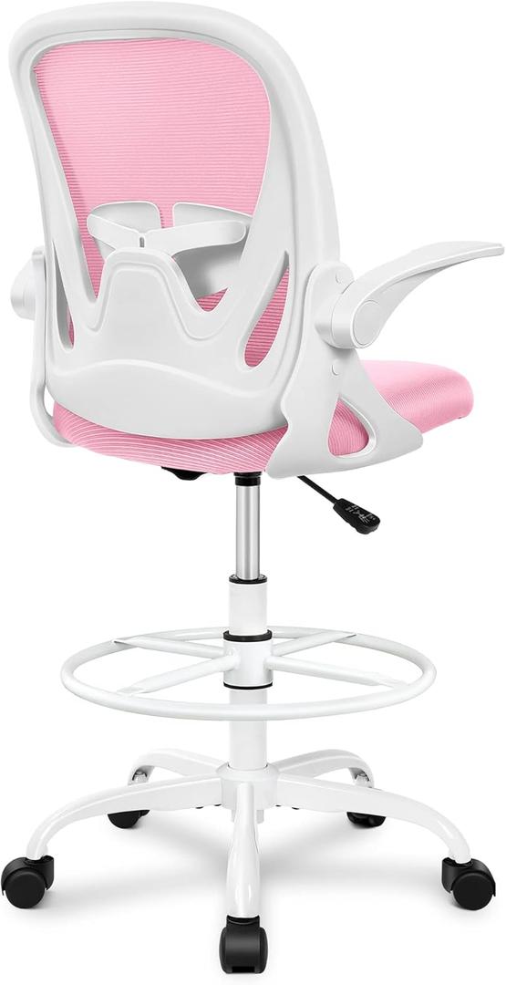 Primy Drafting Chair Tall Office Chair with Flip-up Armrests Executive Ergonomic Computer Standing Desk Chair with Lumbar Support and Adjustable Footrest Ring (Pink) (934-Z)