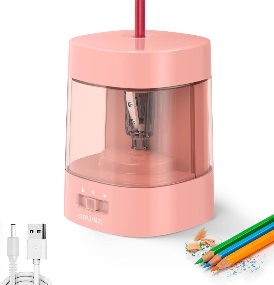 Deli Electric Pencil Sharpener, Automatic Pencil Sharpeners for No.2 Pencils Colored Pencils, USB & Battery Operated Pencil Sharpener for School, Home, Office, Classroom, Pink