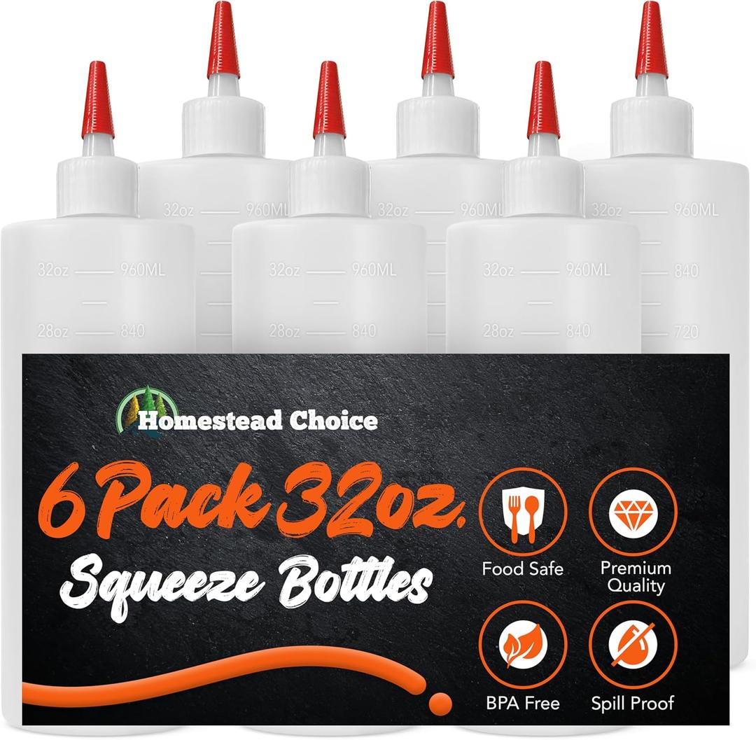 Homestead Choice 6-pack Plastic Squeeze Bottles for Sauces - 32oz Condiment Squeeze Bottles for Liquids - BPA Free Squirt Bottle with Cap - Ketchup, Syrup, Oil, Dressings, Honey & Arts and Crafts