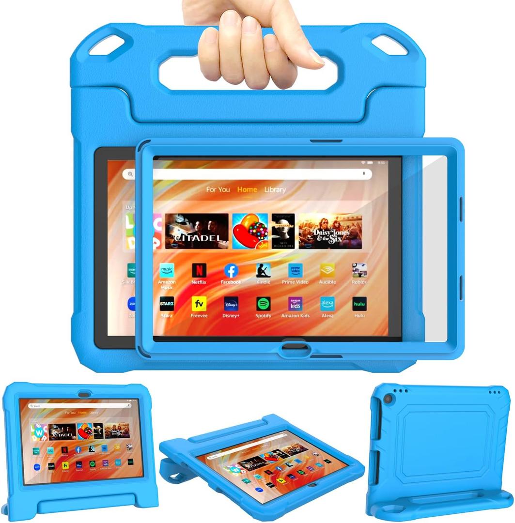 Fire HD 10 & Fire HD 10 Plus Tablet Case for Kids (13th/11th Generation, 2023/2021 Release), DJ&RPPQ Lightweight Shockproof Case Built-in Screen Protector with Handle Stand, Not fit iPad Samsung- Blue