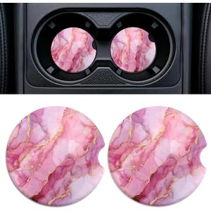 Car Cup Holder Ceramic Coasters 2 Pack, 2.56 in Anti Slip Absorbent Coaster with Cork Base and Finger Notch, Funny Cute Car Accessories Interior for Women, Pink Stone