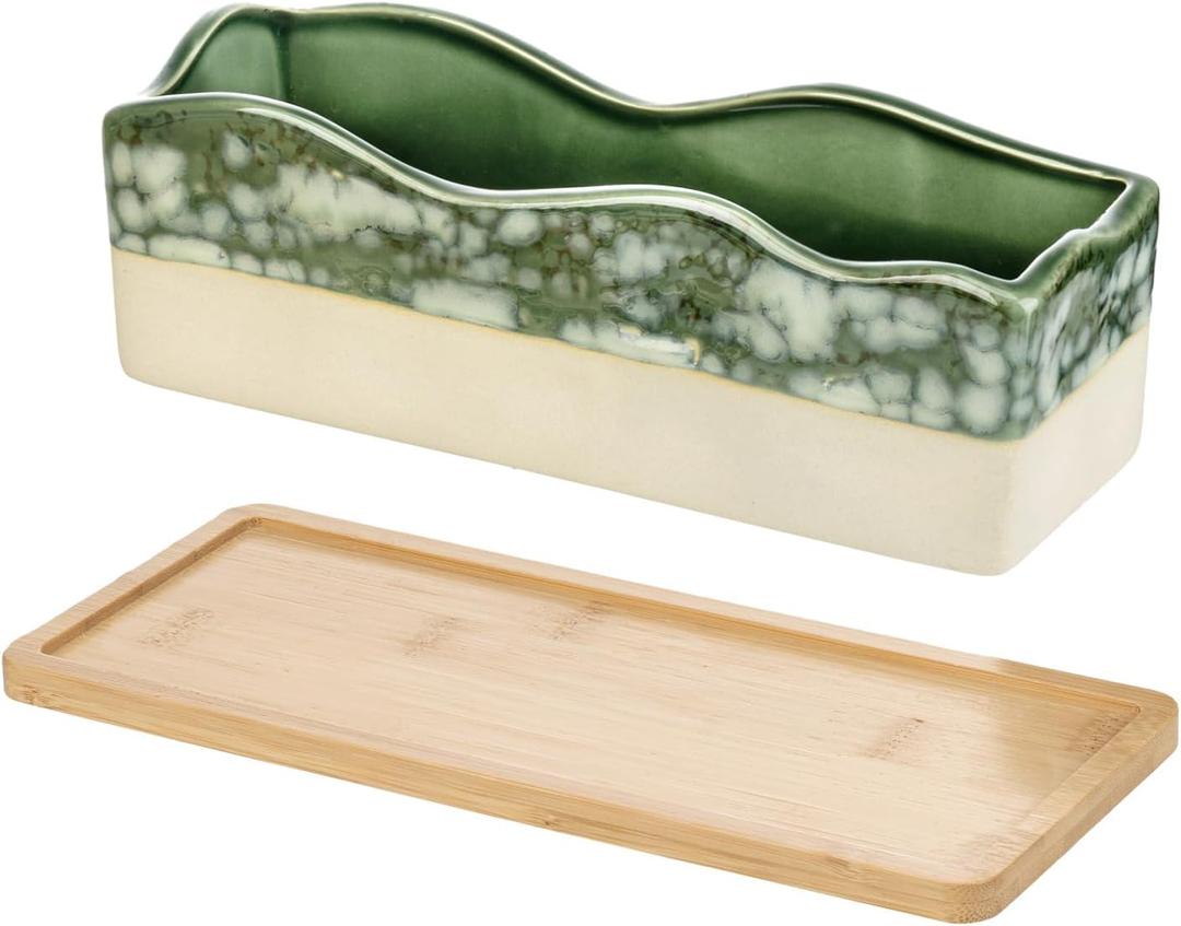MyGift Rectangular Succulent Planter - Decorative Beige and Green Ceramic Glazed Plant Container Pot with Removable Bamboo Tray (10 Inch)