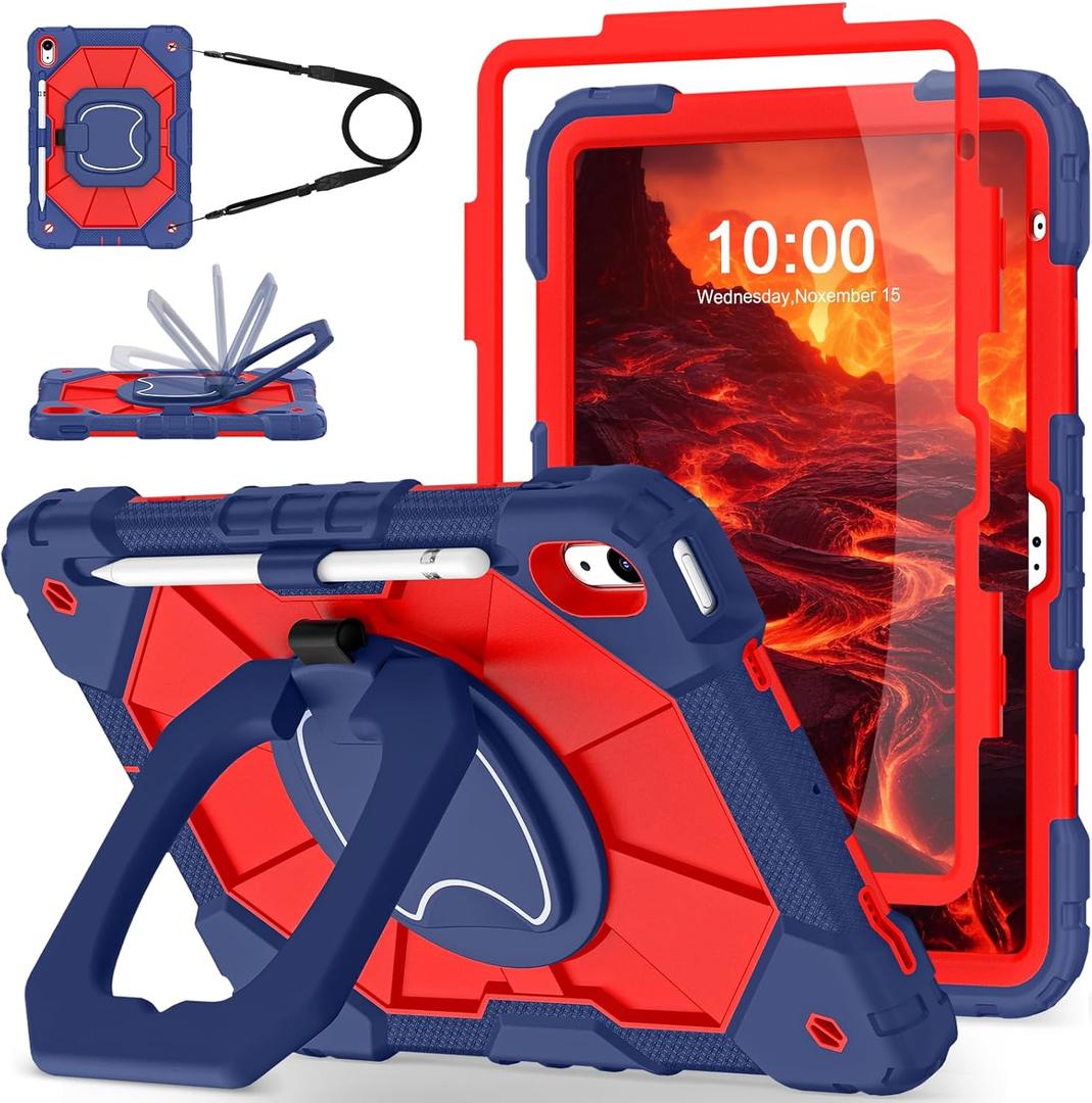 WESOROL Case for iPad (A16) 11th 2025 (11-inch) /iPad 10th Generation 2022(10.9 inch),Military Grade Shockproof Cover for i Pad 11/10 Gen with Rotating Stand Screen Protector Pencil Holder,Navy Red