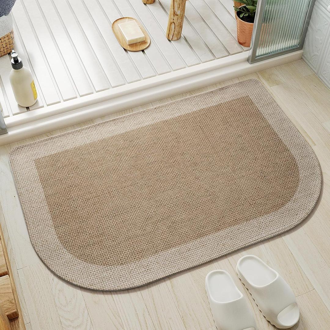 YDKGL Bathroom Rugs Mat 20x31, Ultra Thin Non Slip Bath Mats for Bathtub Quick Dry Absorbent Rubber Bathroom Mat Fit Under Door, Washable Half Round Bath Rugs, Beige Brown