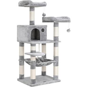 FEANDREA Cat Tree, Cat Tower for Indoor Cats, 56.3-Inch Cat Condo with Scratching Posts, Hammock, Plush Perch, Light Gray UPCT15W