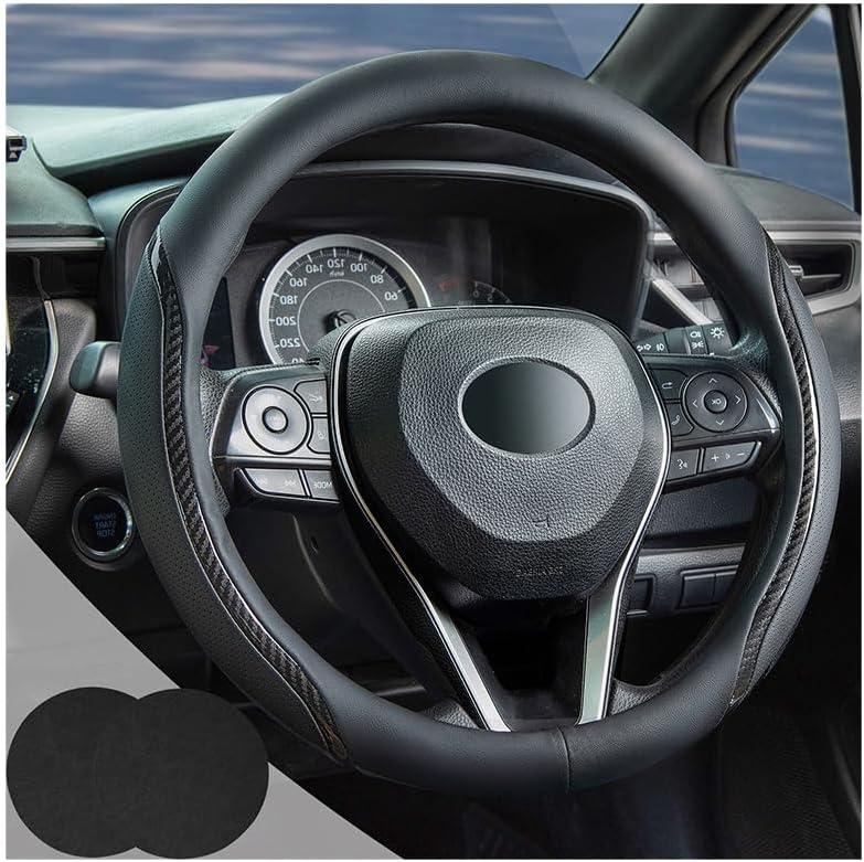 Car Steering Wheel Cover Black, 14-14.5 inch Steering Wheel Covers with Coasters Microfiber Leather Carbon Fiber Breathable Anti-Slip Durable Universal Auto Steering Wheel Protective (Small)