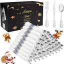Liacere 400PCS Silver Plastic Silverware - Pre Rolled Napkins Disposable Silver Cutlery-Premium Quality Gold Plastic Utensils - Includes 100Forks,100Knives,100Spoons,100Napkins&Christmas