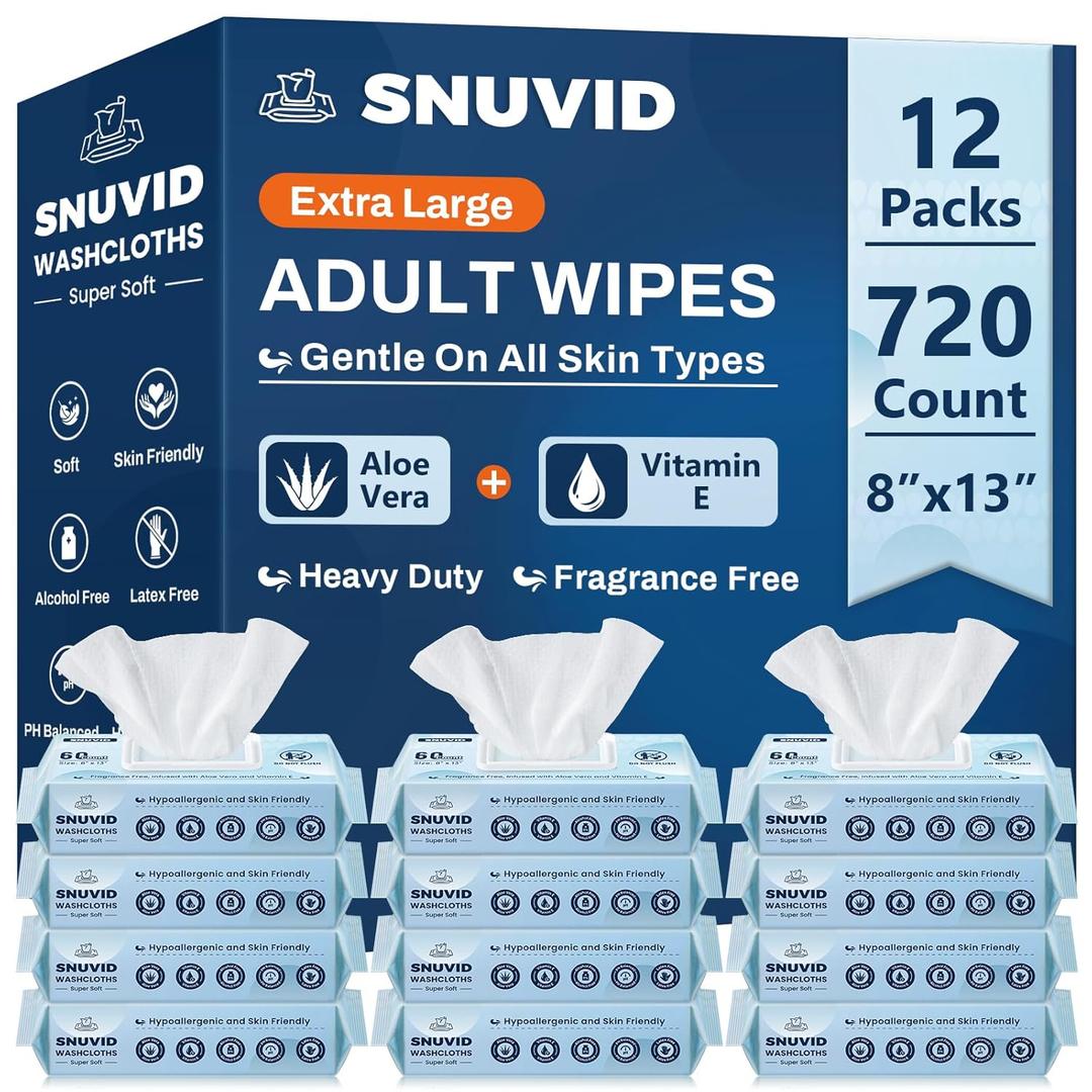 Adult Wipes For Elderly - 8"x13" Extra Large & Soft Wet Wipes for Adults Bathing No-Rinse Incontinence & Cleansing - Disposable Washcloths, Vitamin E & Aloe Infused 720ct (12 Packs of 60)