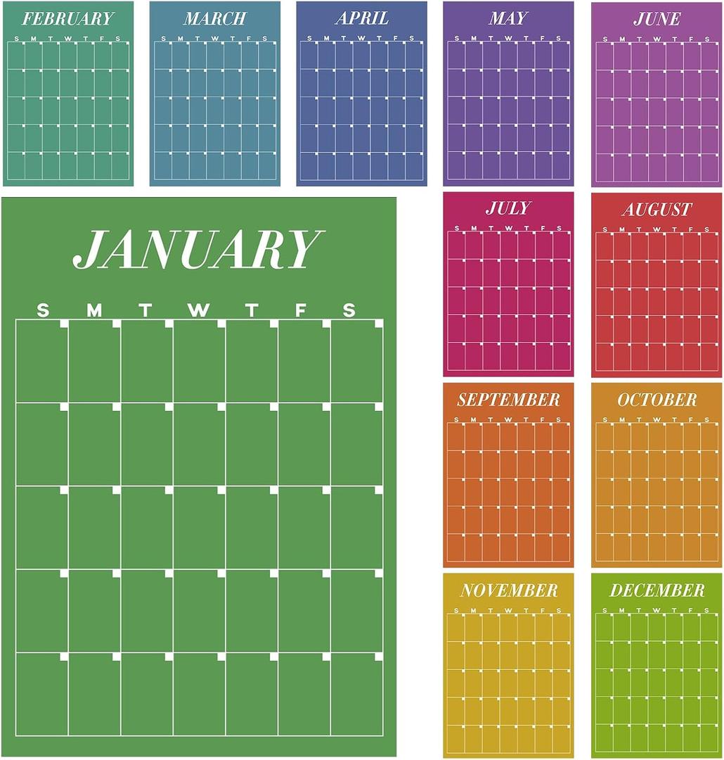 12 Pcs Colorful Undated Calendars 16'x 20' Large Erasable Wall Calendar 12 Month Dry Ease Reusable Planning Colorful Yearly Blank Planner for Office Home Educational Study Room Back to First Day