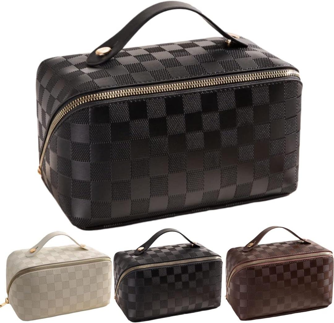 Large Capacity Checkered Makeup Bag Portable Travel Cosmetic Bags Open-Flat Toiletry Bag for Women Girls Make Up Organizer with Divider Pouch Zipper Bag (Black-Checkered)