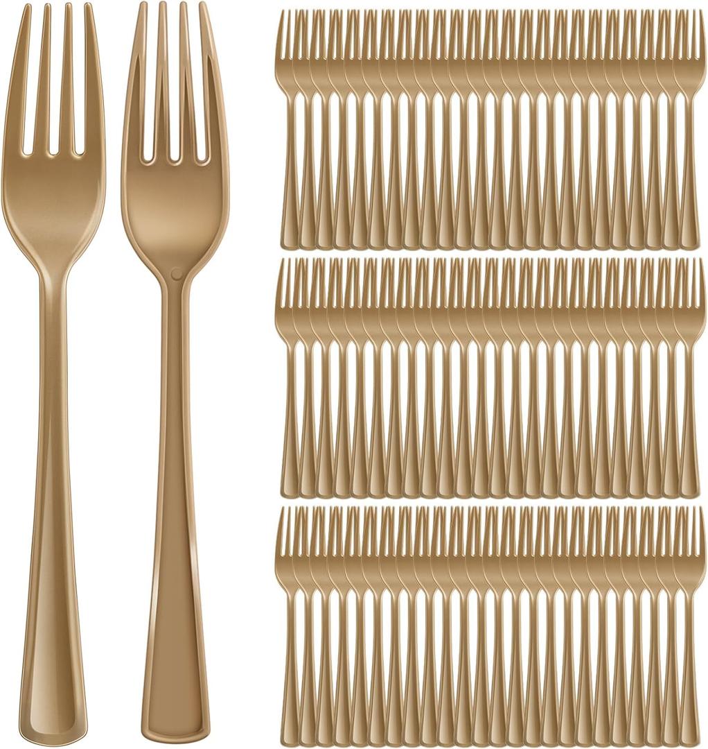 Roshtia 100 Pcs Gold Plastic Forks Gold Forks Disposable Utensils 7.3 Inch Heavy Duty Cutlery Set Disposable Cutlery Sets for Graduation Party Teacher Appreciation Birthday Picnics Wedding Outdoor