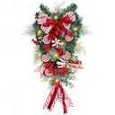Yunlly 28" Pre Lit Christmas Teardrop Swag Battery Operated Christmas Swag with Lights, Red and White Bowknot, Swirl Candy Cane Ball, Xmas Wreath Ornament for Indoor Outdoor Front Door Decoration