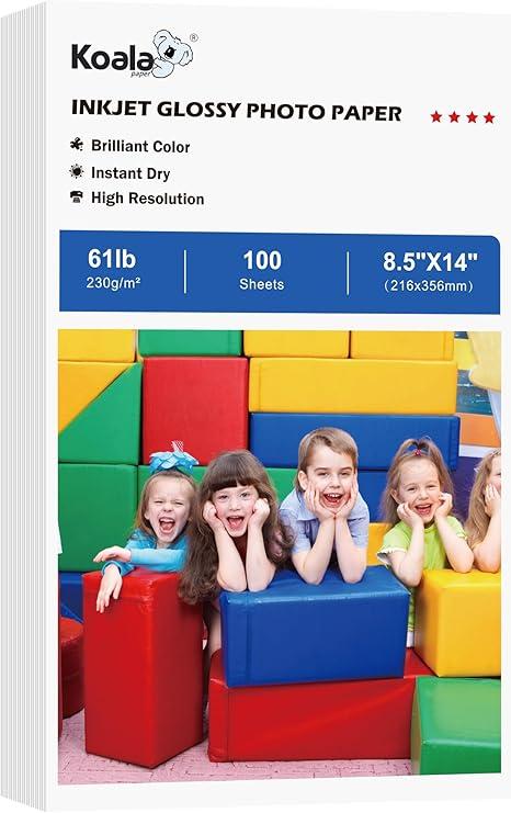 Koala Heavyweight Photo Paper High Glossy 8.5x14 Inches Legal Size for Inkjet Printing 100 Sheets 61LB