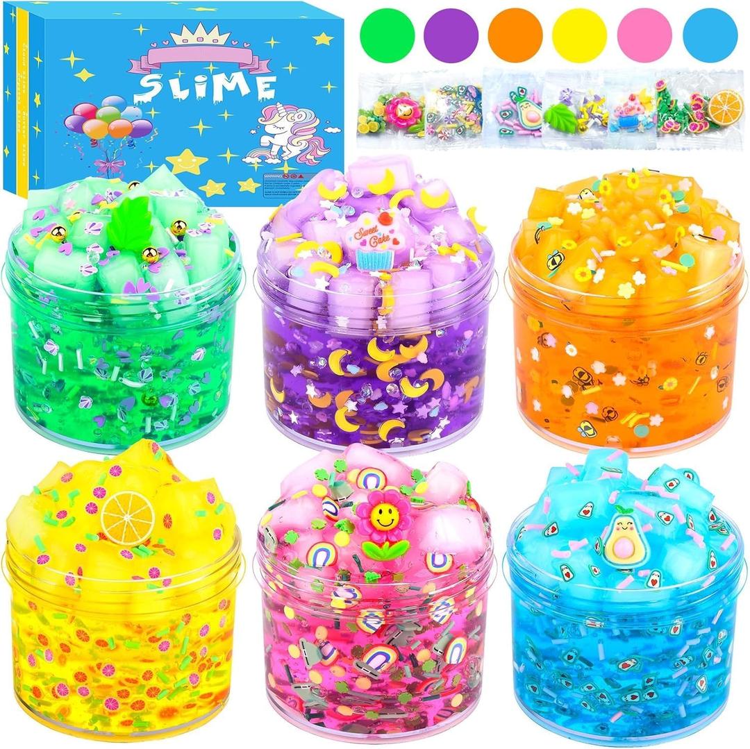 6 Pack Jelly Cube Crunchy Slime Kit, with Yellow, Pink, Purple, Green & Blue Clear Crunchy Slime, Super Soft Sludge Toy with Cute Charms, Girls Boys Classroom Reward, Valentine's Day Party Supplies