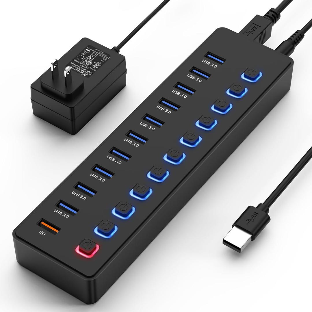 USB hubPowered USB hub, 11-Port hub Splitter10 USB 3.0 Data Transfer Port + 1 Smart Charging Port, Independent Switch (with LED Working Indicator) USB 3.0 Hub Powered with Power Adapter for Mac/PC