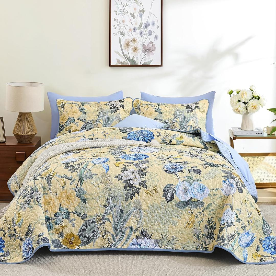 Anibedding 3 Pieces Quilt Set Queen Size, Colorful Floral Reversible Bedspread Coverlet Set, Soft Microfiber Lightweight Bed Cover for All Season (96"x90", 1 Quilt+ 2 Pillow Shams)