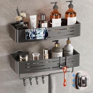 Voldra Shower Caddy Suction Cup, 2 Pack Shower Shelves for Inside Shower No Drilling, Aluminum Suction Showers Organizer with Towel Bar & Hooks Removable Bathroom Shelf Storage Rack(Gray) Voldra Shower Caddy Suction Cup, 2 Pack Shower Shelves for Inside Shower No Drilling, Aluminum Suction Showers Organizer with Towel Bar & Hooks Removable Bathroom Shelf Storage Rack(Gray)