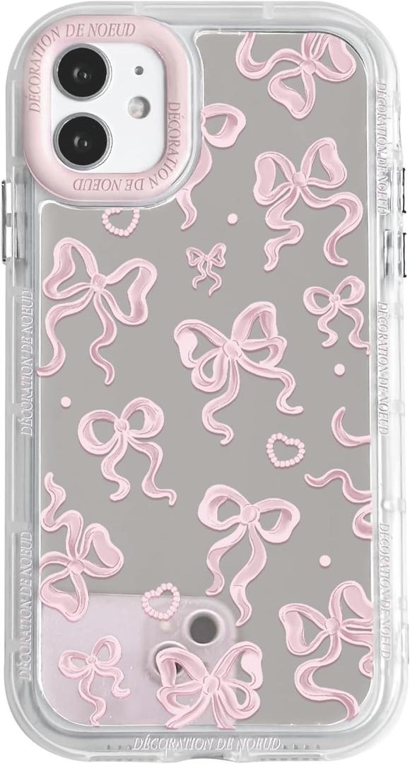 NITITOP Compatible with iPhone 11 Case Cute Mirror Bow Love Heart Pattern for Women Girls Ribbon Design Shockproof Silver Protective Phone Cover - Light Pink Bow