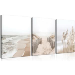 Framed Beach Canvas Wall Art Set of 3, Boho Coastal Nature Landscape Wall Decor Paintings, Ocean Beach Pampas Grass Artwork Prints Pictures for Living Room Bedroom Home Office 16x24 Inch