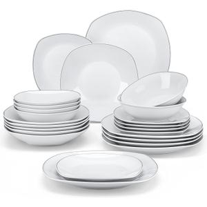 MALACASA Dinnerware Sets, 24 Piece Porcelain Square Dishes, White with Silver Rim Plates and Bowls Sets, Ceramic Dish Set for 6, Chip Resistant Dishware Sets, Series ELISA