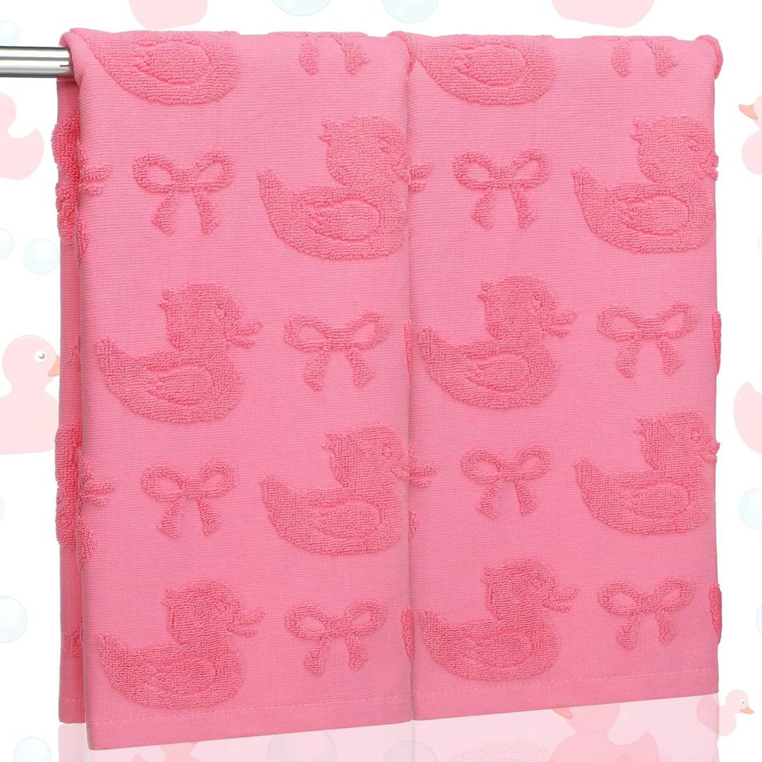 SmoothNovelty 2 Pcs Pink Bow Rubber Ducky Hand Towels for Bathroom Bow Duck Jacquard Weave Bathing Duck 100% Cotton Absorbent Decorative Dish Bath Towels for Bathroom Kitchen Decor, 14 x 29 Inch