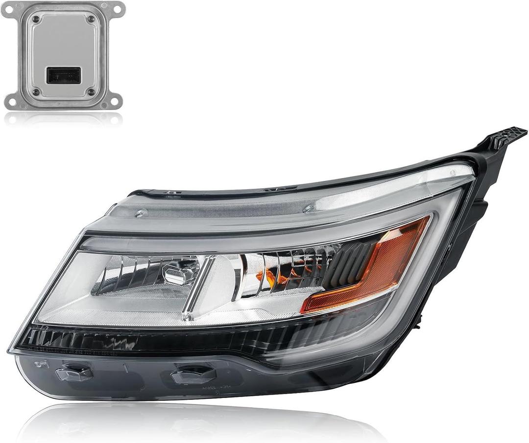 Chrome Bezel LED Headlights Compatible with 2016-2019 Ford Explorer | w/DRL Halogen Model Headlamp Front Light Assembly W/LED control module With bulb Left Driver Side FB5Z13008N
