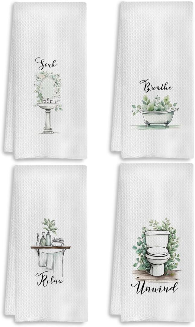 COWEB Boho Botanical Bathroom Hand Towels Set of 4, Relax Breathe Soak Unwind Decorative Hand Towels for Gym Yoga Spa Bathroom Decor, 16x24 Inches