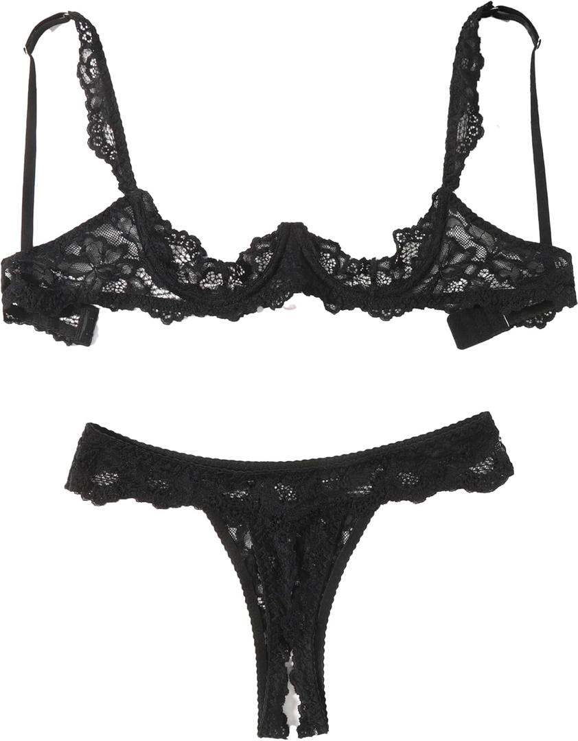 Avidlove Sexy Lingerie Set for Women Lace Bra and Panty Sets Underwire Push Up Lace Lingerie Set XL (Black)