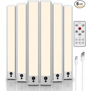 EZVALO Under Cabinet Lights,14.5'' Motion Sensor Light Indoor Dimmable, 4000mAh Rechargeable Closet Lights 3500K with Remote Control, Wireless Under Counter Light for Kitchen,Cabinet (Warm6Pack)