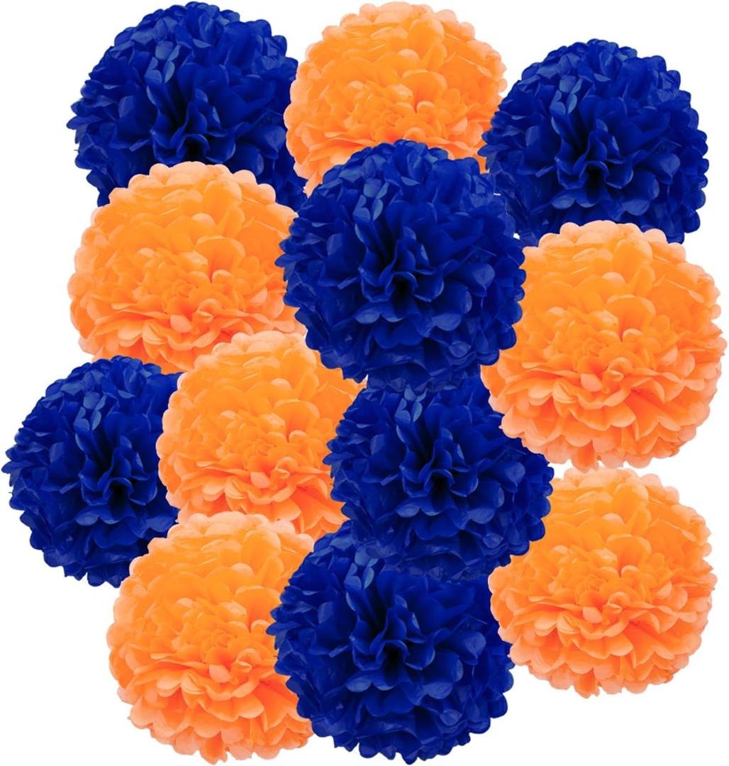 Blue Orange Tissue Pom Poms Paper Kit DIY Decorative Flowers Ball for Birthday Party Wedding Hanging Decorations Pack of 12 10in12in