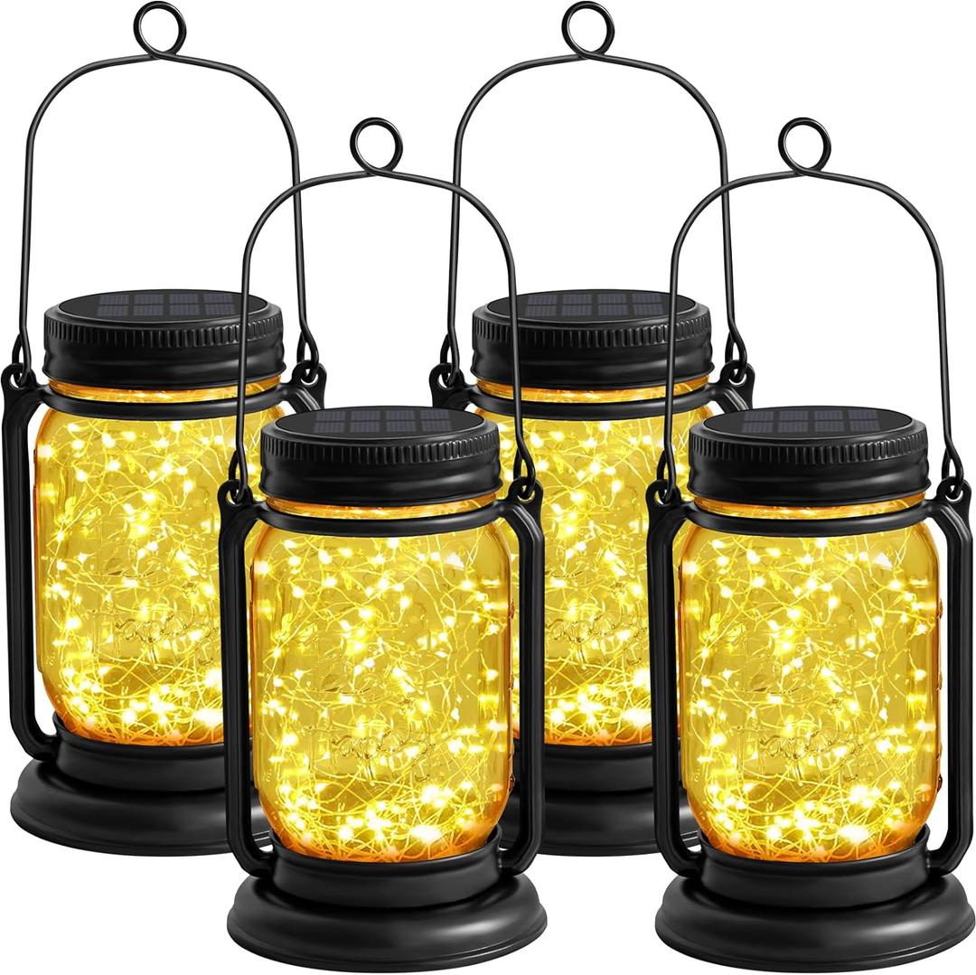 4 Pack Hanging Solar Lantern Lights,Vintage Glass Mason Jar Solar Fairy Lights, Mothers Day Gifts for Woman Mom Grandmom,Outdoor Decorative Waterproof Table Lamp with Stakes for Patio Yard Lawn Tree