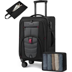 Carry On Luggage 22x14x9 Airline Approved, 22-Inch Suitcases with Spinner Wheels, Softside Carry-on Luggage with TSA Lock for Men Women Business Trip, Lightweight Large Capacity Luggage for Travel (Black&Red)