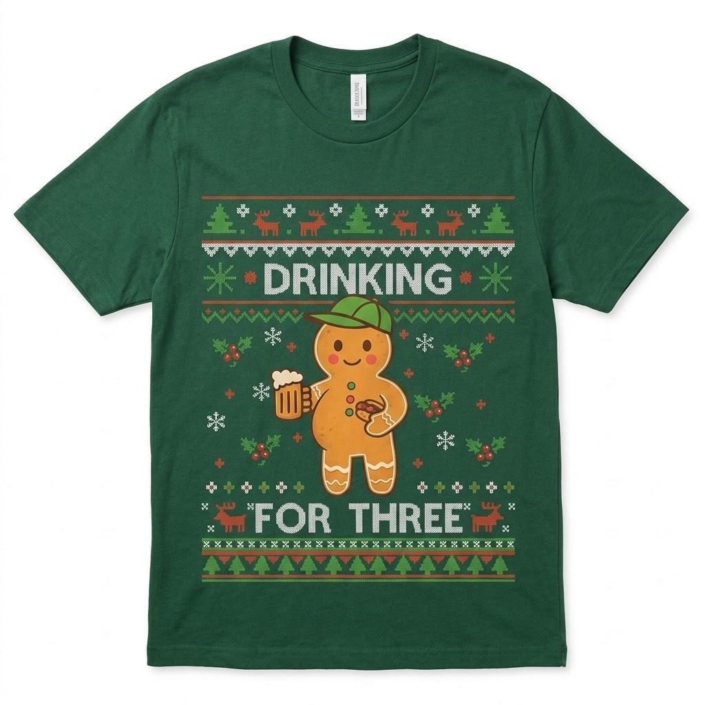 Drinking for Three gingerbread man graphic T-Shirt, XL