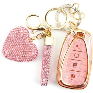 Key Fob Cover with Diamond Keychain for Women Car Key Holder Compatible with Chevrolet Equinox Malibu Cruze Traverse Camaro Trax Blazer Volt Bolt Protector, 4 Buttons (Pink-Heart)