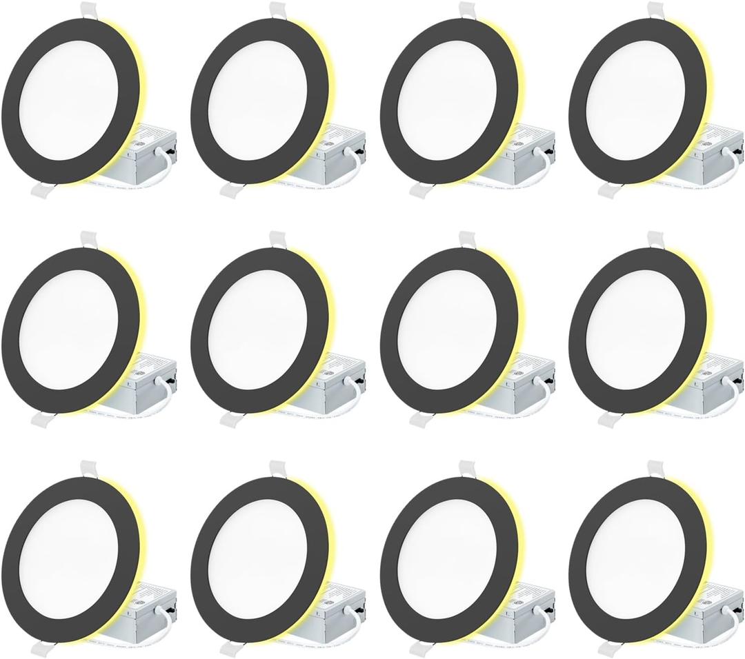 12 Pack, Black Recessed Lighting with 4 Inch Night Light Canless Ultra Thin Wafer Downlight Pot Indoor Exterior Soffit2700K-5000K Selectable, 9W, 120V, 750LM, Dimmable, ETL FCC