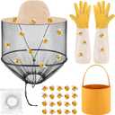 5PCS Beekeeper Set Includes 1PCS Beekeeper Veil Hat, 20PCS Felt Bees, A Roll of Dispensing Glue, 1PCS Yellow Felt Bucket, 1 Pair Beekeeping Wool Gloves for Bee Keeper Catcher Halloween Costume