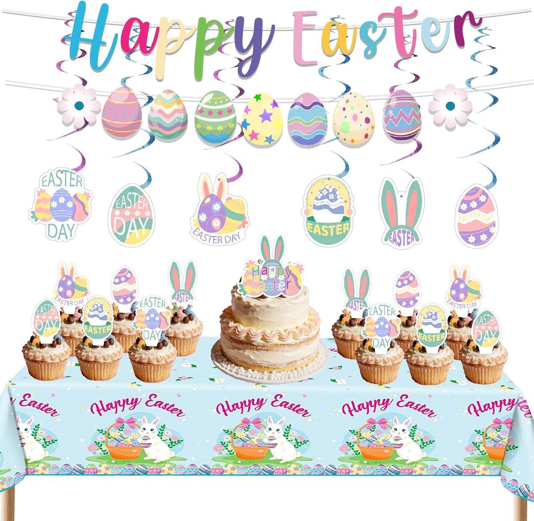 Easter Party Decorations 33PCS Kit Bunny & Egg Banner, Cake & Cupcake Toppers, Hanging Swirls & Tablecloth for Family Spring Party