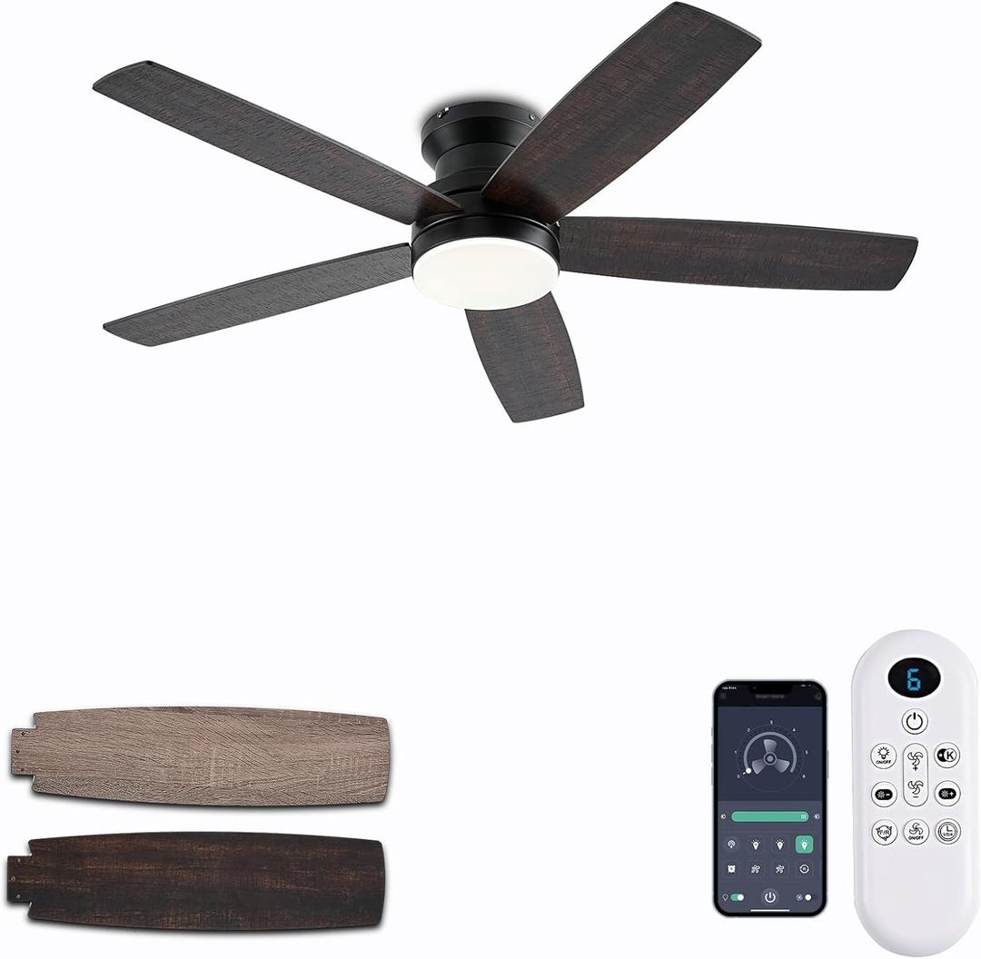 Ceiling Fans with Lights, 48Inch Low Profile Ceiling Fan with Light and Remote/App Control, Flush Mount, Reversible, 3CCT, Dimmable, Noiseless, Indoor/Outdoor Patios (Brown)