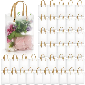 Cididu 40 Pieces Clear Gift Bags with Handles, White Frosted PVC Candy Bags 8''x3''x10'', Reusable Translucent Wrap Tote Boutique Bags for Wedding Shopping Party, Tear Resistant