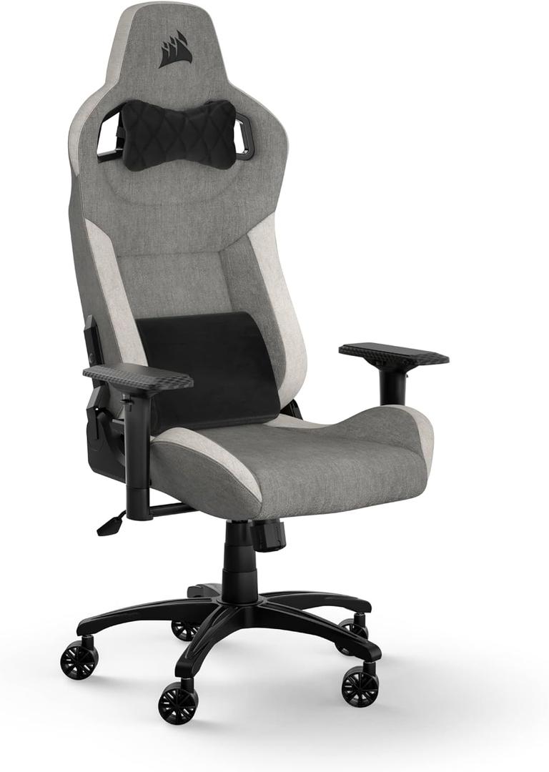 Corsair T3 Rush Fabric Gaming Chair (2023)  Racing-Inspired Design  Soft Fabric Exterior  Padded Neck Cushion  Memory Foam Lumbar Support  Adjustable Seat Height  Gray and White
