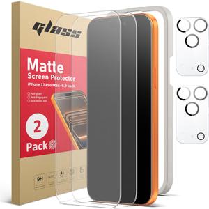 Ambison 2 Pack Matte Screen Protector for iPhone 17 Pro Max [0 Bubbles] + 2 Pack HD Camera Lens Protector, Anti Glare & Fingerprint, 9H Hardness Tempered Glass, Easy Installation Frame, Smooth as Silk