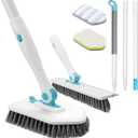 nacena Shower Scrubber with Long Handle, 4 in 1 Tile Tub Scrubber Brush with 3 Detachable Cleaning Heads and V-Shaped Grout Brush Shower Cleaner Brush for Bathroom Kitchen Toilet Tub Sink, Blue White