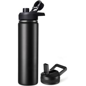 Fijinhom 24 oz Insulated Water Bottle with Handle, 304 Stainless Steel Water Bottles with 2 Lids, Double Wall Vacuum Sports Water Cup with Straw, BPA Free, Keep Cold and Hot, Black