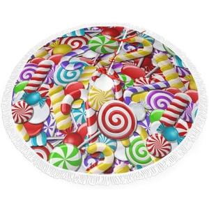 Swirl Candy Traditional Christmas Tree Skirt 48 Inch Candy Cane Tassels Tree Skirt for Holiday Decorations Xmas Mat with White Fringed Border