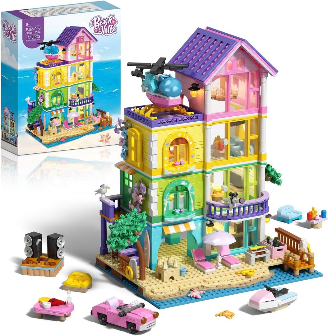 Beach House Building Set with Light, NO Compatible with Lego Friend House for Girls Age 8-12, 1346PCS Mini Bricks Seaside Villa, Creative Holiday Cottage Building Kits, for Girl 8-14