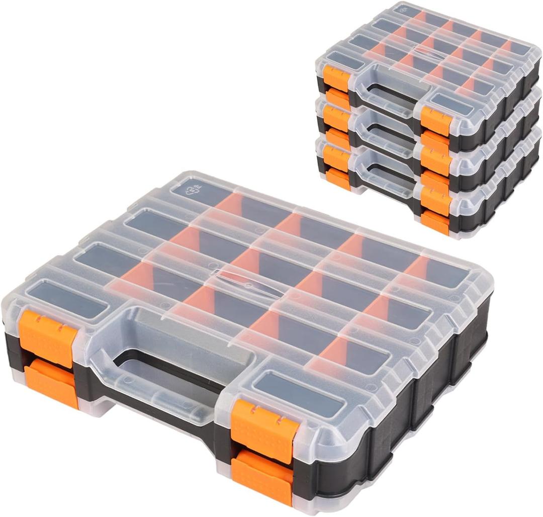 Tool Box with Transparent Lid, Double Side 34-Compartments Organizer Box with Removable Dividers for Hardware, Screws, Bolts, Nails, Beads, Jewelry and Fishing Accessories, Orange, 4 Pack